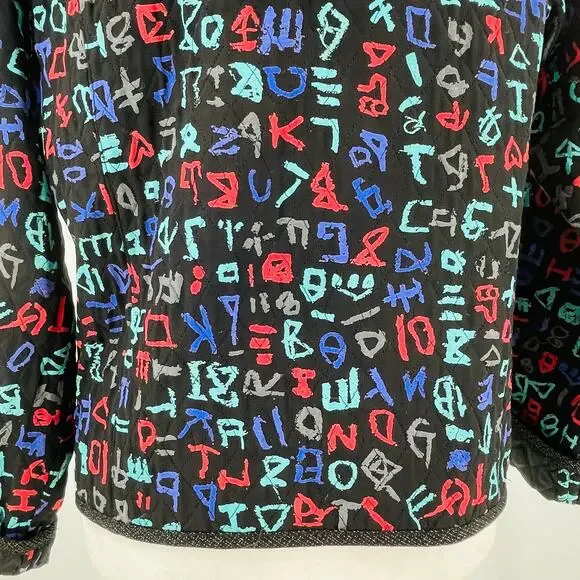 Bets by Canvasbacks Vintage 90s Black Colorful Print Quilted Button Jacket S - Picture 8 of 15